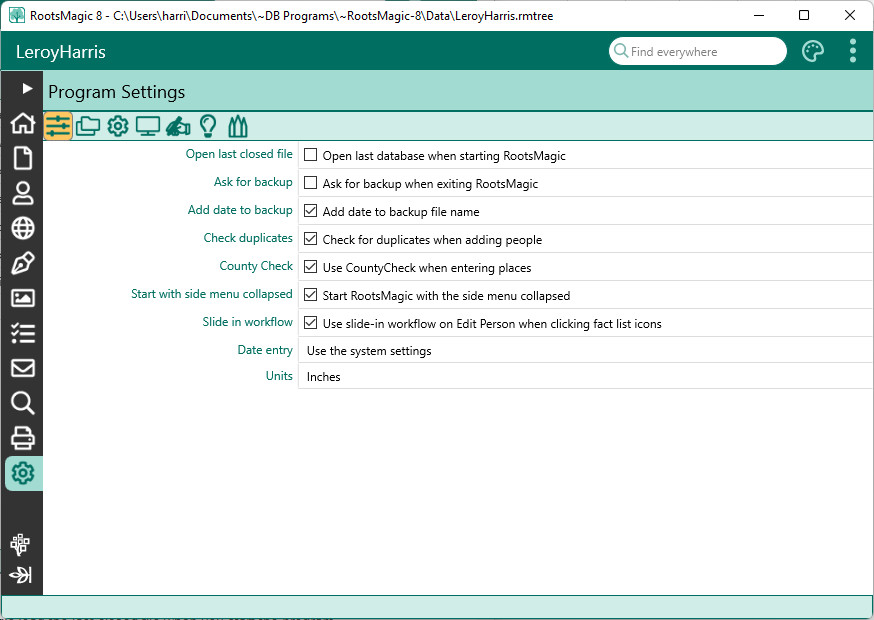 Settings page